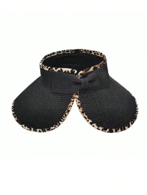 1pc Women's Leopard Print Border Summer Hat Foldable Roll Up Soft Beach Hat Straw Hat Travel, Seaside, Portable Bow