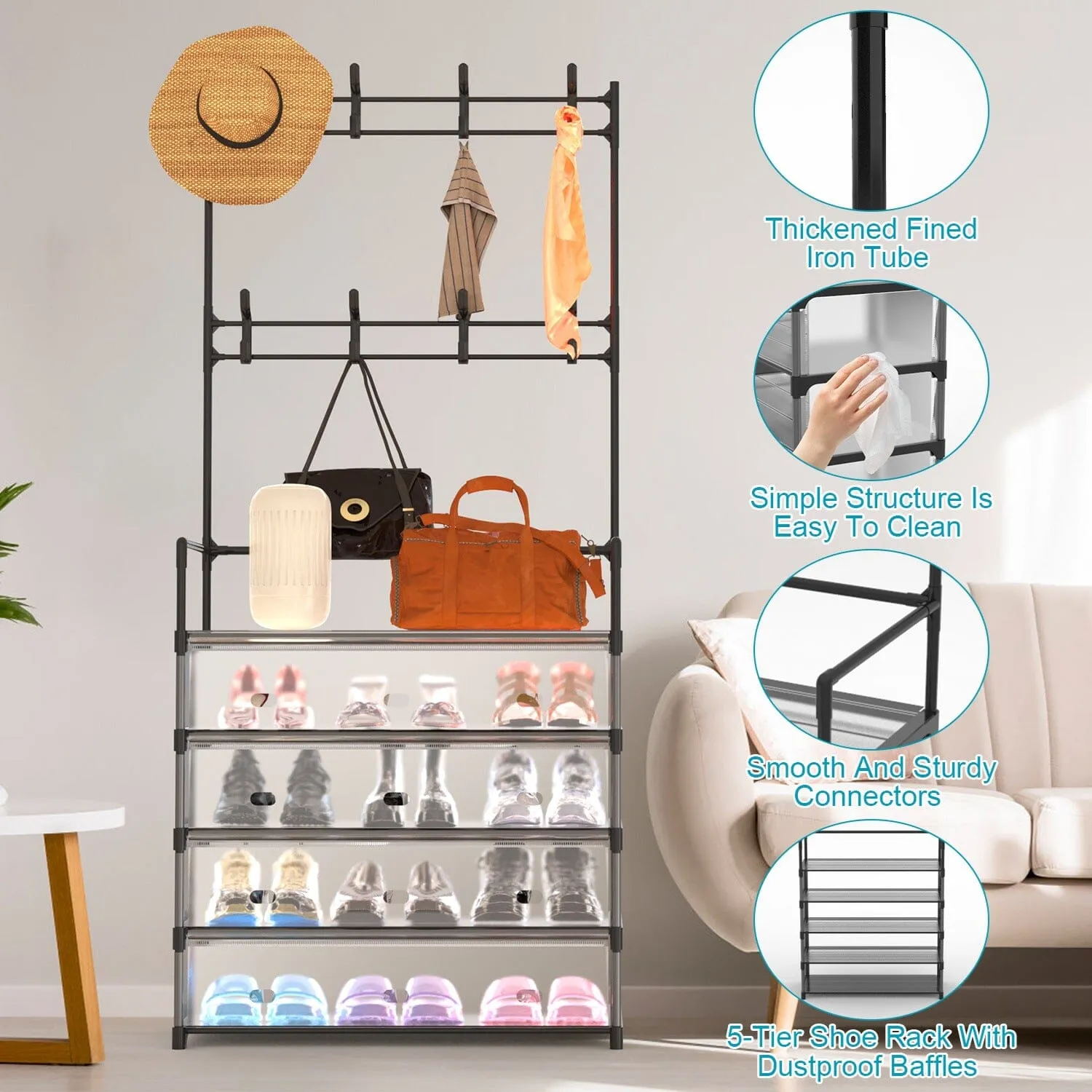 5-Tier Dustproof Entryway Hall Tree Coat and Shoe Rack