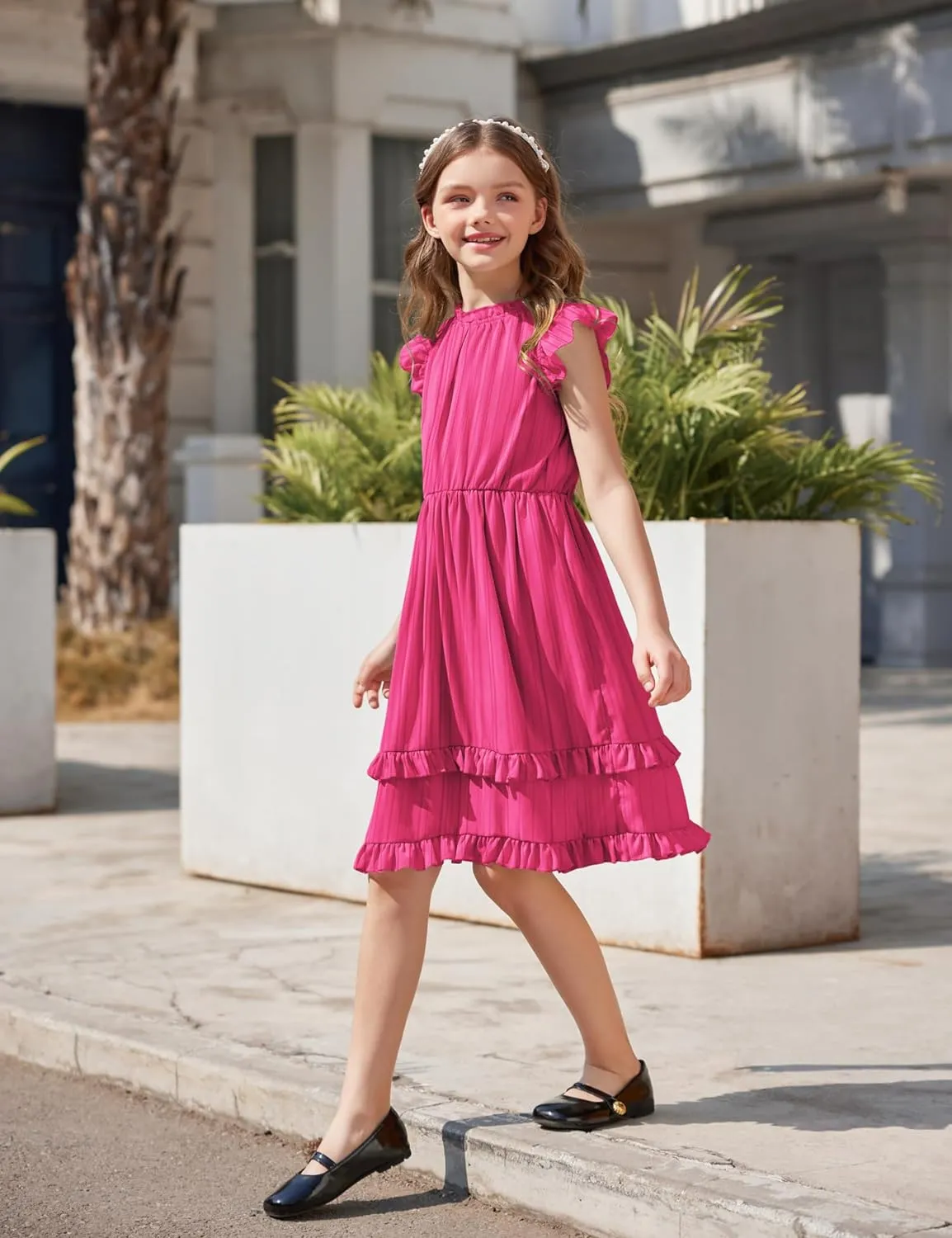 Arshiner Girls Dresses Summer Boho Crewneck Ruffle Hem Elegant Dress
