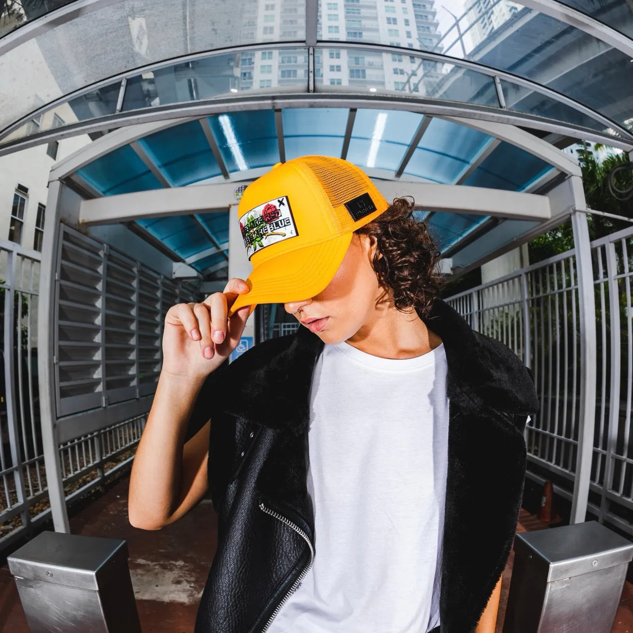 PARTCH Roses Trucker Hat Yellow Removable Clip