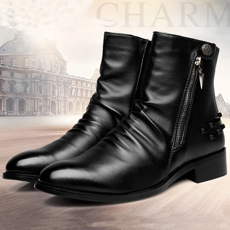 Rivet Men's Shoes Warm Pointed Toe Leather High-top Boots | Brodtica.com