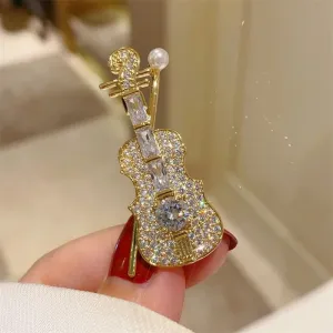 Sparkling Rhinestone Studded Violin Design Brooch Pin