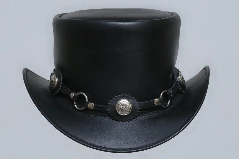 Steampunk El Dorado The Swagger Black Flower Concho Band Leather Top Hat